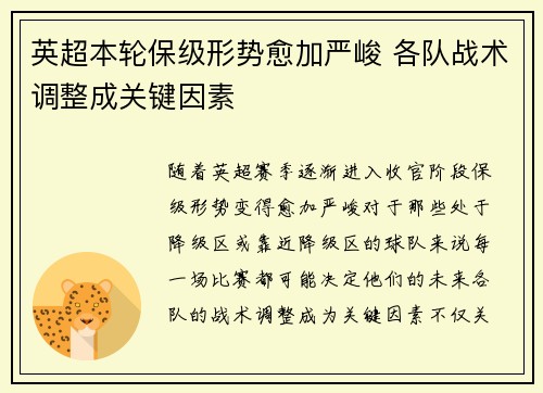 英超本轮保级形势愈加严峻 各队战术调整成关键因素
